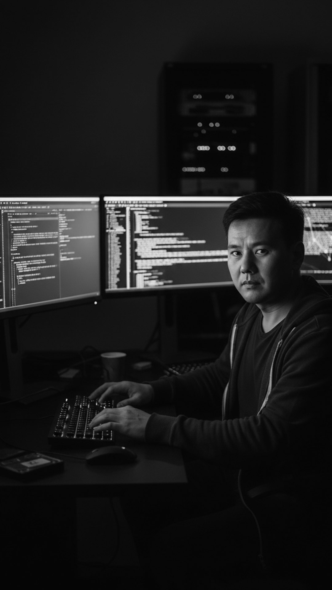 Man typing on keyboard in front of multiple computer monitors.