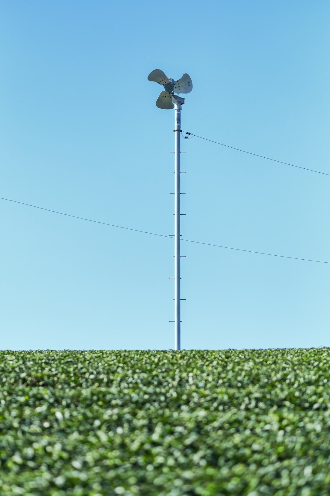 a windmill on top of a tall pole in the middle of a field