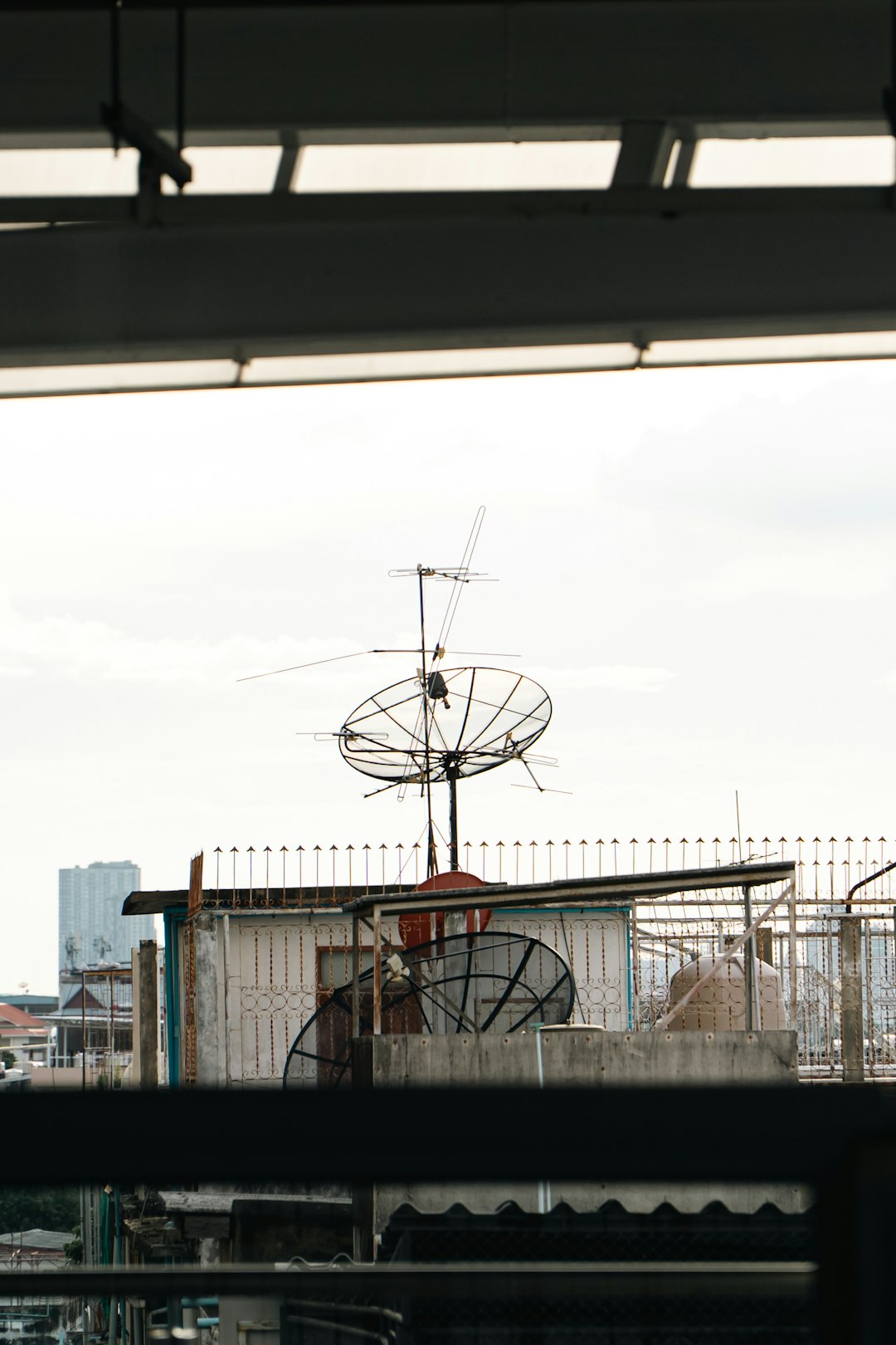Several satellite dishes on a rooftop with buildings.