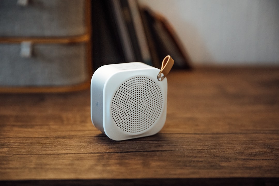 white and silver portable speaker on brown wooden table