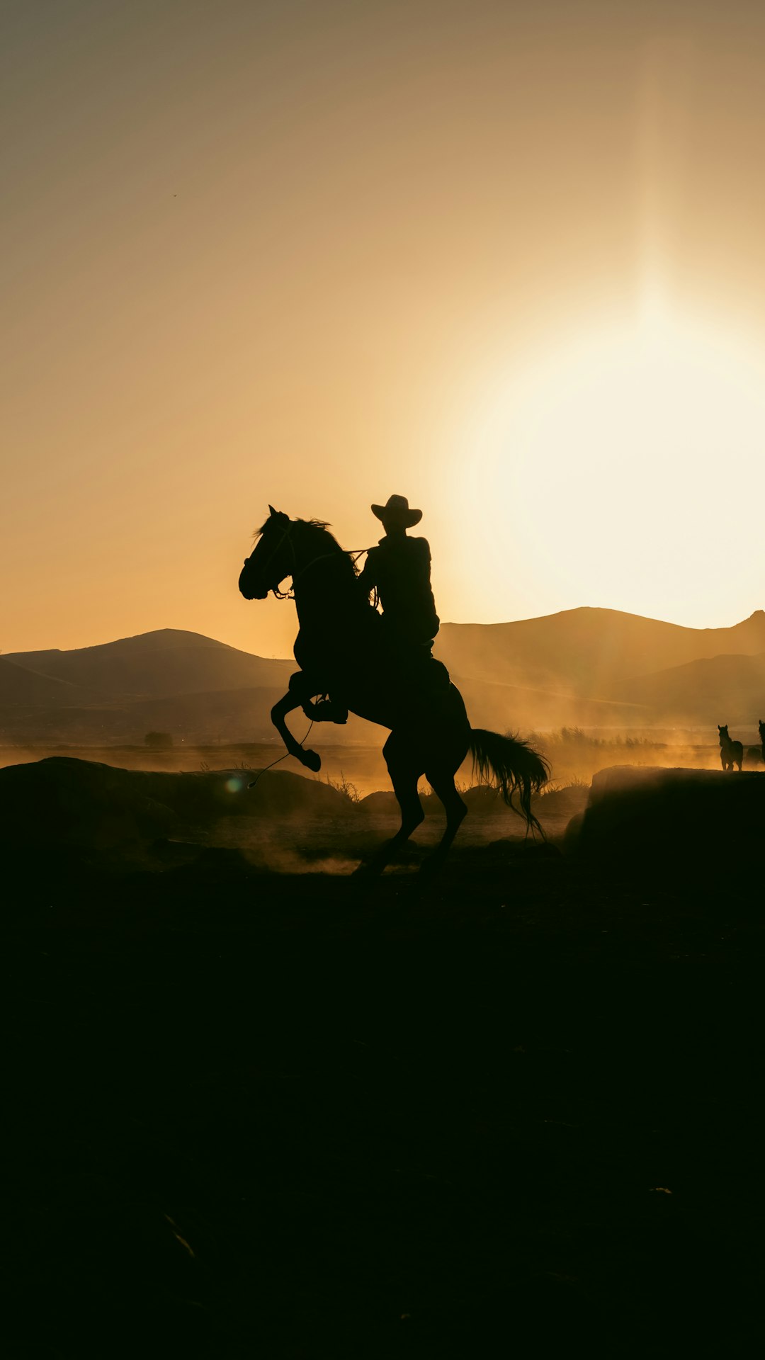 A silhouette of a man riding a horse at sunset