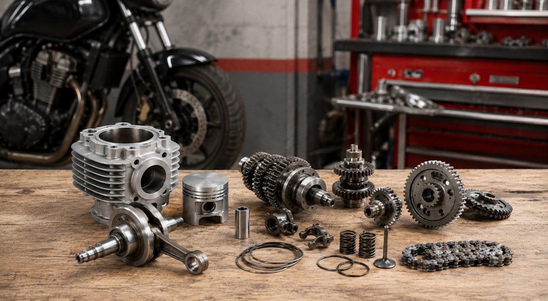 Various motorcycle engine parts displayed on a wooden surface.