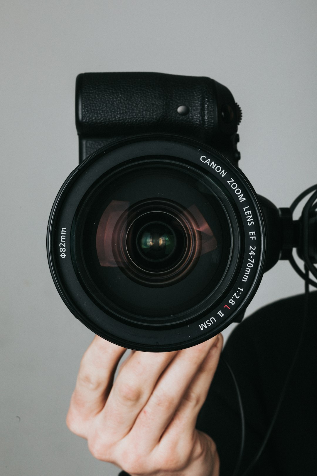 A hand holding a black camera with a large zoom lens
