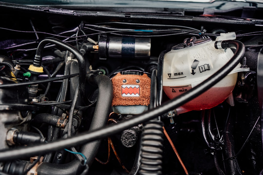 A brown fuzzy character cover on a car brake fluid reservoir in an engine bay